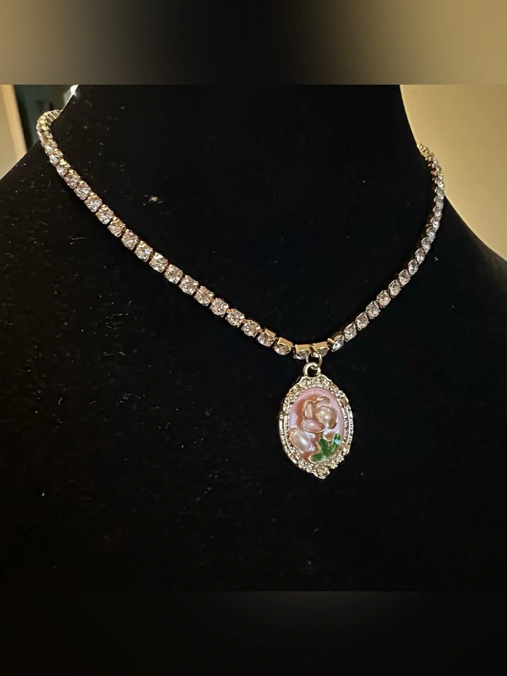Self made rhinestone chain, pink vintage pearl flower oil painting necklace.